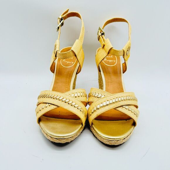 Jack Rogers Shoes Womens 9 Gold Tan Fabric Leather Sandals Slingback Wedge Heels - Picture 8 of 12